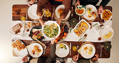 Buy stock photo Above, eating and thanksgiving with family and food for celebration, support and festive holiday. Catering, nutrition and reunion with meal and people at home for dinner, hosting and health together