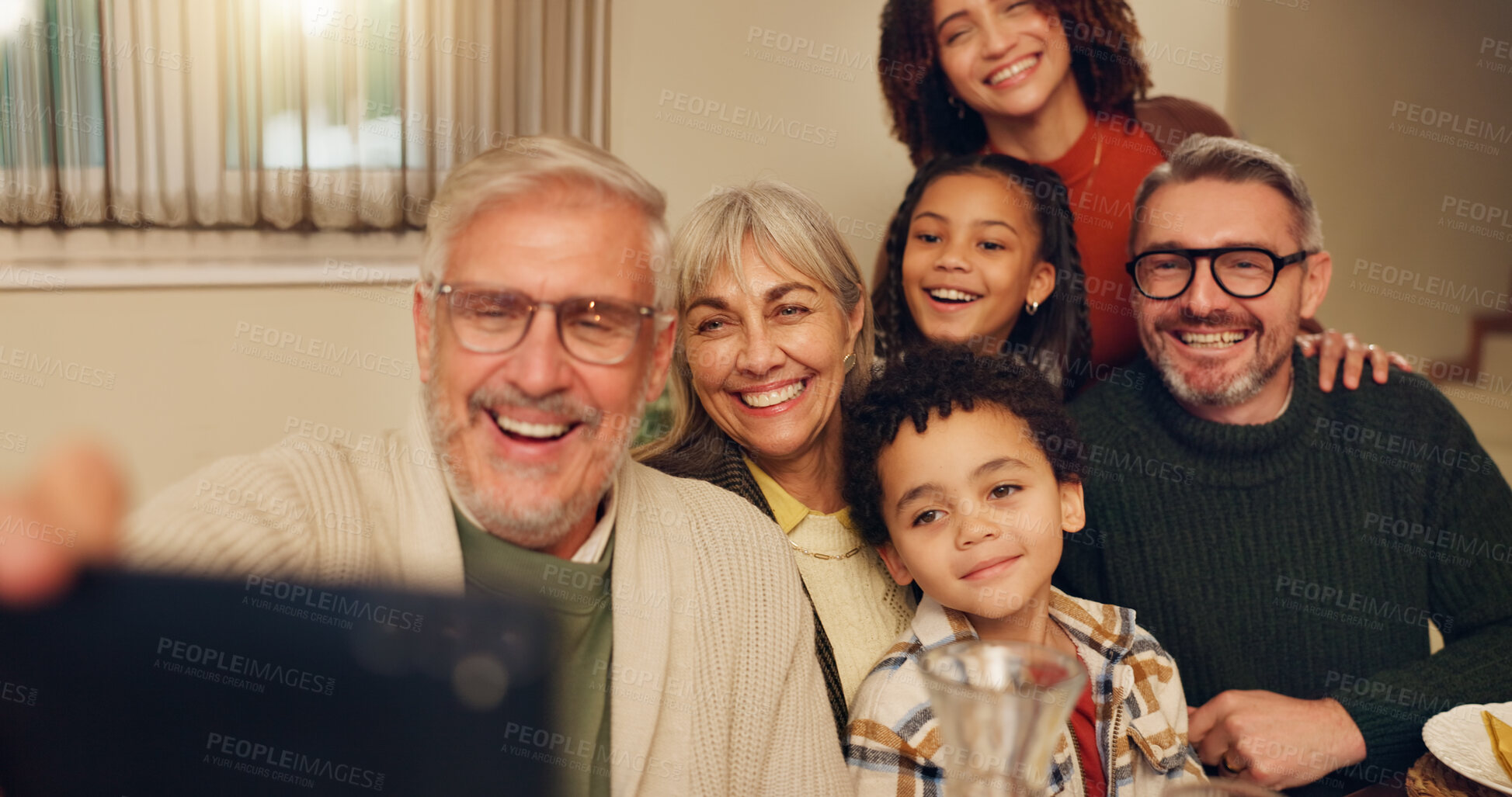 Buy stock photo Grandparents, happy and selfie of family in home for lunch, supper and Christmas dinner together. Thanksgiving, picture and parents and children with memory for festive event, holiday or celebration