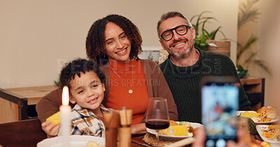 Buy stock photo Thanksgiving, photo and parents with child in home for lunch, supper and Christmas dinner together. Happy, family and mother, father and kids with picture for festive event, holiday and celebration