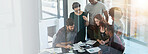 Business people, planning and office tablet laptop, digital consultant and agency staff. Collaboration, banner and professional group with tech, paperwork and data search together with work diversity