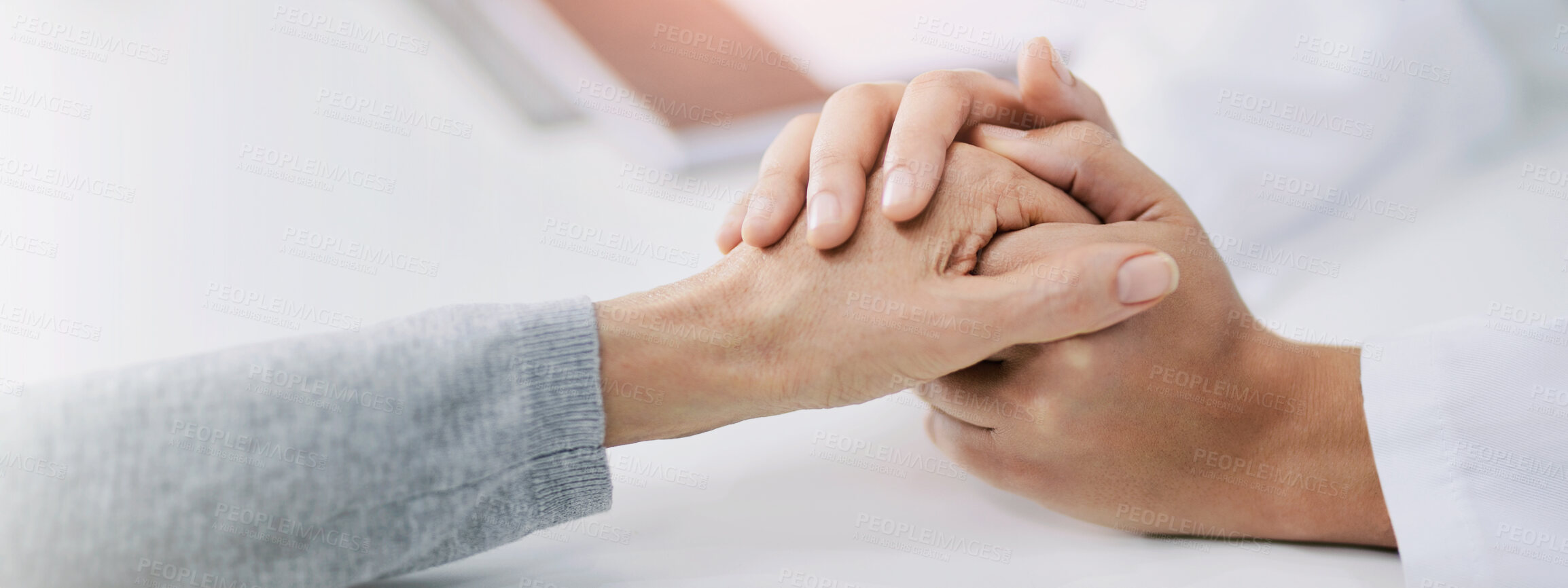 Buy stock photo Hospital, holding hands and doctor with patient for empathy, comfort and compassion. Healthcare, clinic and closeup of health worker with person for care with diagnosis, results and consulting