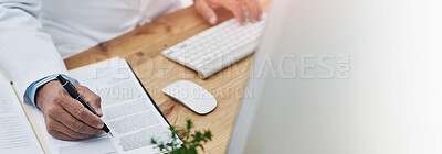 Buy stock photo Hand, signature and document with doctor at computer, hospital policy and medical insurance. Banner, person and healthcare professional with paperwork for compliance, research and employee contract