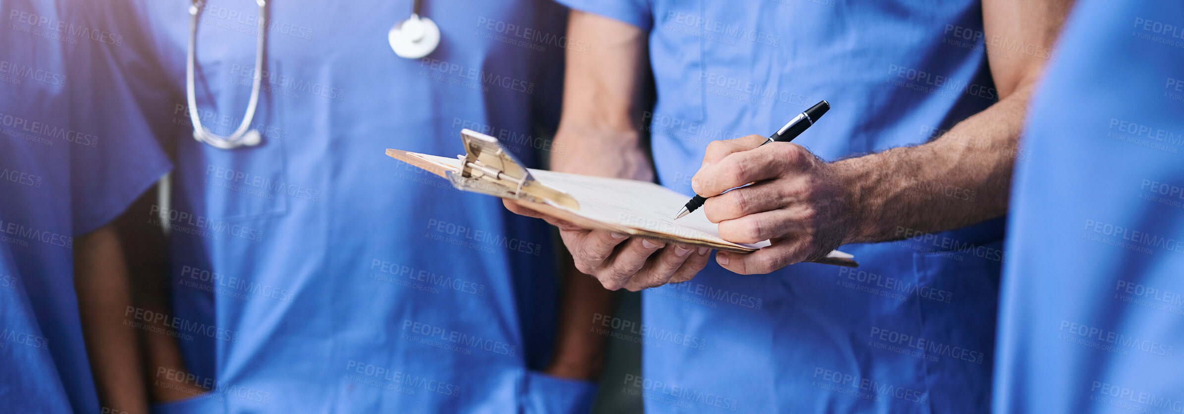 Buy stock photo People, nurses and write on clipboard in hospital of surgery schedule, medical checklist and healthcare. Group, surgeon and document for charts, diagnosis notes and treatment script of history report