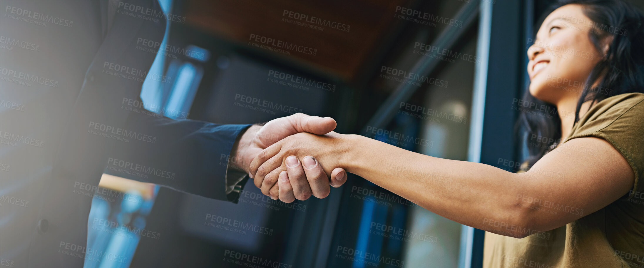 Buy stock photo Deal, handshake and partnership with business people at office from below for meeting or welcome. Contract, onboarding or thank you with with employee and colleague shaking hands at workplace