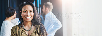 Buy stock photo Business woman, smile and portrait in office, meeting and career at international insurance agency. Person, happy and banner at workplace with team, pride and mock up space with staff in boardroom