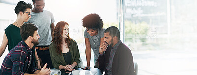 Buy stock photo Designers, meeting or talk in office for advice, collaboration or team in banner. Creative people, project management or tech in agency space for business growth, startup development or brainstorming