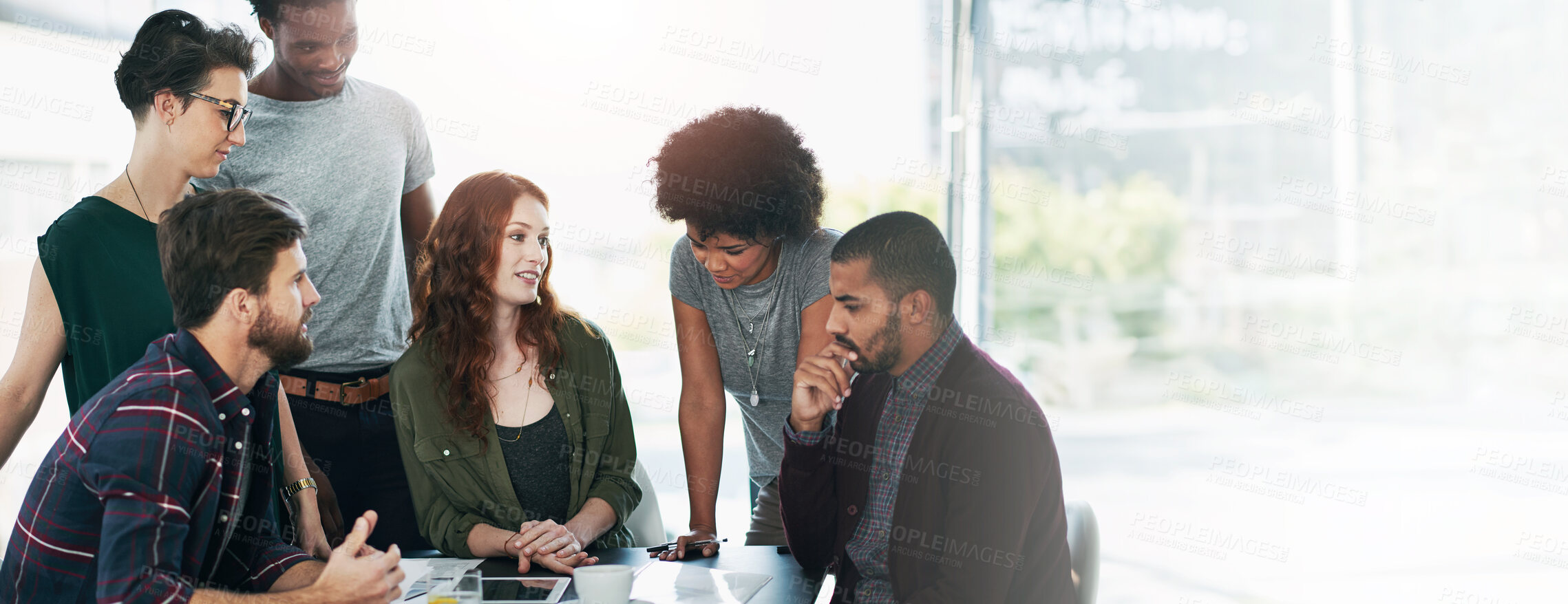 Buy stock photo Designers, meeting or talk in office for advice, collaboration or team in banner. Creative people, project management or tech in agency space for business growth, startup development or brainstorming