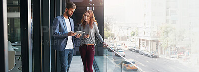 Buy stock photo Business people, tablet and collaboration for research, feedback and project management on balcony. Digital agency, tech and teamwork for planning, development proposal and meeting with brainstorming