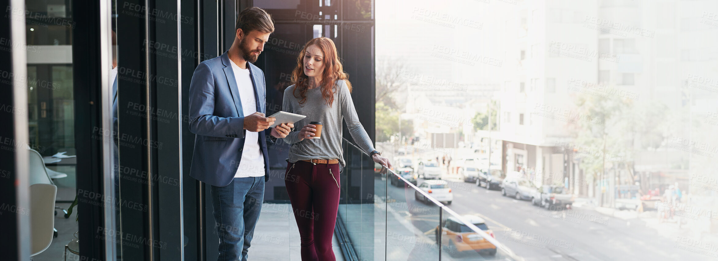 Buy stock photo Business people, tablet and collaboration for research, feedback and project management on balcony. Digital agency, tech and teamwork for planning, development proposal and meeting with brainstorming