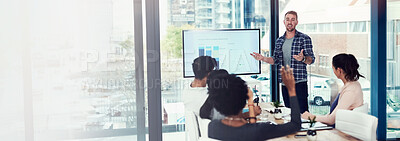 Buy stock photo Banner, question and presentation with business people in meeting for planning, teamwork and project data. Feedback, monitor screen and speaker with person in office for research stats and workshop