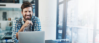 Buy stock photo Happy, laptop and portrait of businessman in office with company pride, confidence and ambition. Mockup space, creative startup and person on computer for internet, website and online project