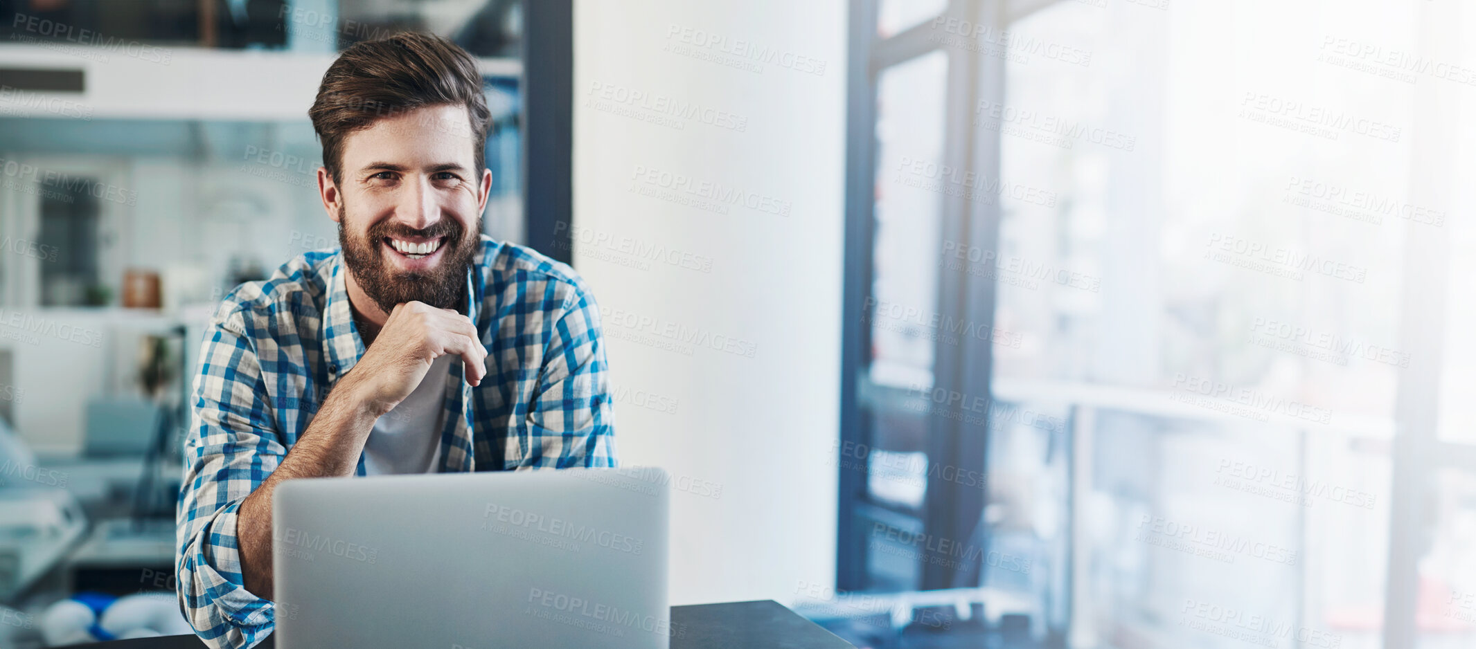 Buy stock photo Happy, laptop and portrait of businessman in office with company pride, confidence and ambition. Mockup space, creative startup and person on computer for internet, website and online project