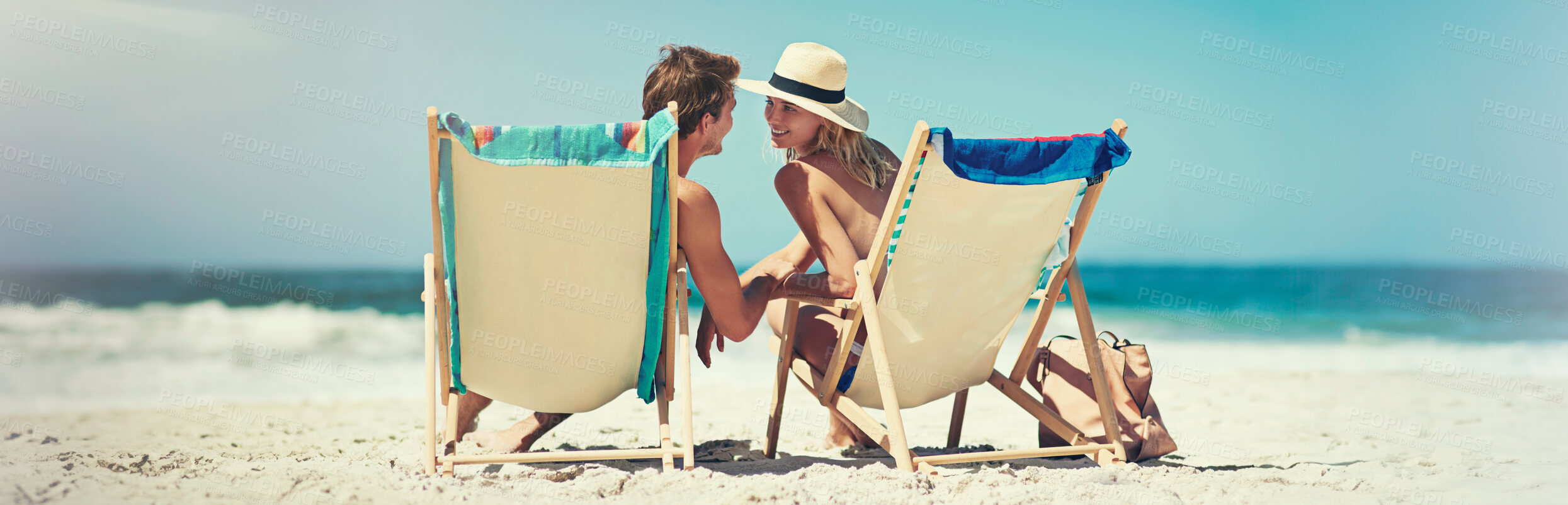 Buy stock photo Happy couple, relax and beach for travel, love and tropical holiday with bonding, romance and trip. People, sunshine and getaway for summer vacation, relationship and weekend with banner in Maldives