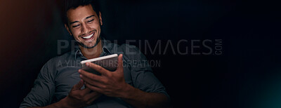Buy stock photo Night, happy and man with tablet, creative and smile for content creation, mockup and browsing. Space, entrepreneur and joy for audience engagement, banner and person with social media in dark office