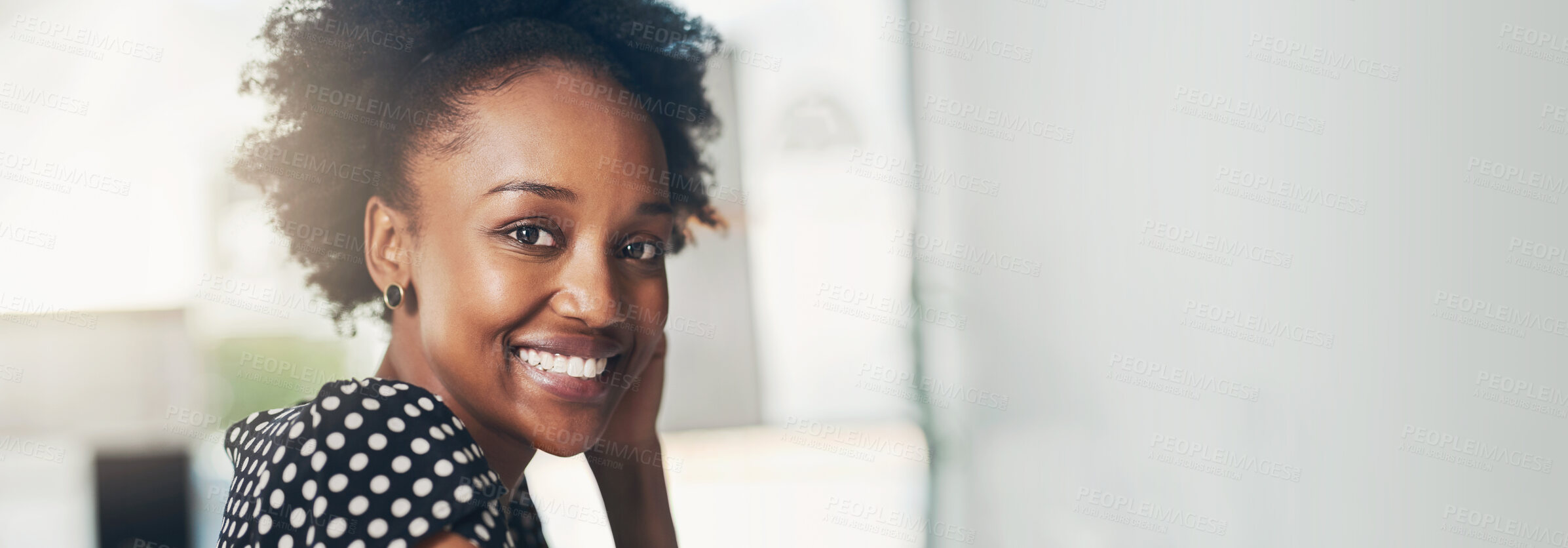 Buy stock photo Happy, business and portrait of black woman in office with company pride, confidence and ambition. Mockup space, professional and face of person with smile for career, job opportunity and working