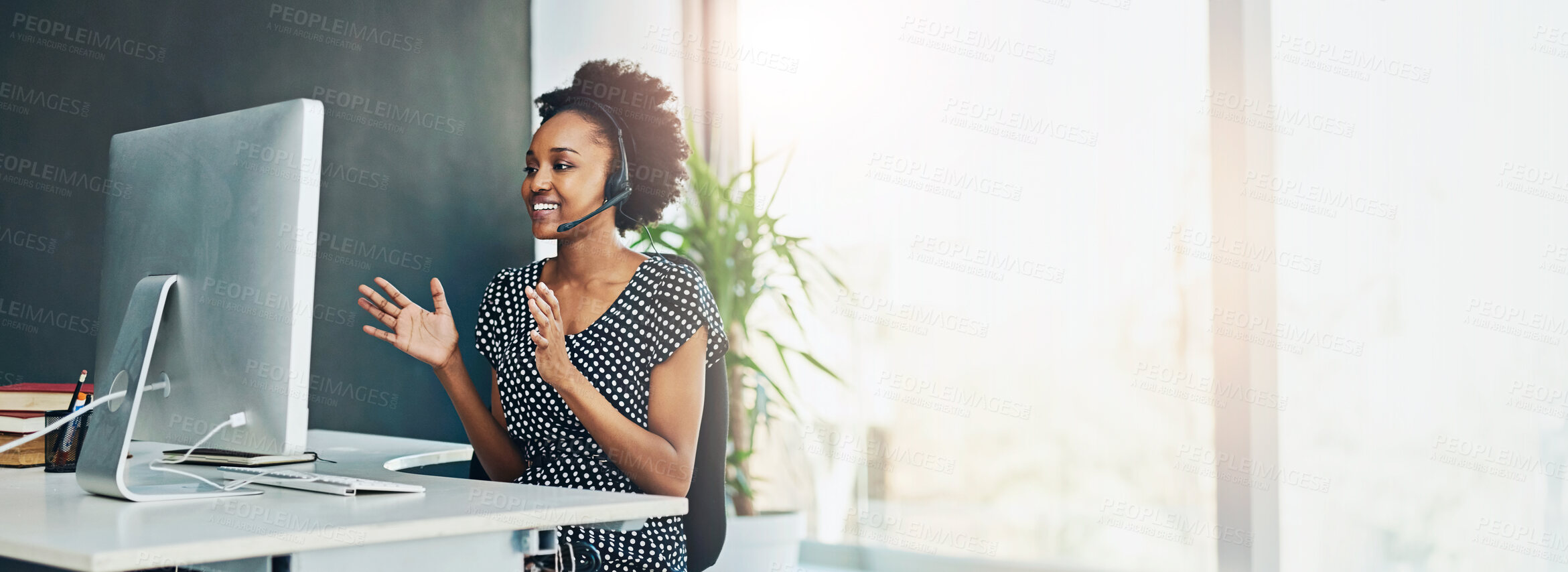 Buy stock photo Banner, call center and talking with business black woman in office for consulting, customer service and agent. Contact us, help desk advisor and telemarketing with person in communication agency