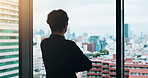 Back, thinking and businessman in office, buildings and planning for investment, trader and glass. Contemplating, opportunity and professional with ideas for finance, broker and person in Japan