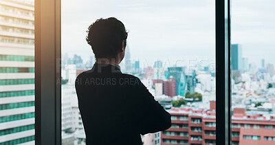 Buy stock photo Back, thinking and businessman in office, buildings and planning for investment, trader and glass. Contemplating, opportunity and professional with ideas for finance, broker and person in Japan