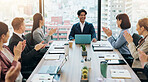Business people, applause and success in tech company as group for contract, achievement and deal. Teamwork, feedback and partnership for investment, collaboration and promotion in project management