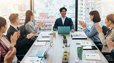 Buy stock photo Business people, applause and success in tech company as group for contract, achievement and deal. Teamwork, feedback and partnership for investment, collaboration and promotion in project management