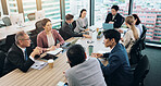 Business people, meeting and discussion in office as group for contract, networking and investment. Team building, partnership and negotiation for collaboration, project management and corporate fund
