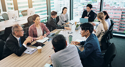 Buy stock photo Business people, meeting and discussion in office as group for contract, networking and investment. Team building, partnership and negotiation for collaboration, project management and corporate fund