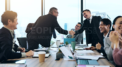 Buy stock photo Business people, handshake and success in office as group for contract, achievement or investment. Team, finance and partnership for deal, collaboration and meeting in project management or corporate
