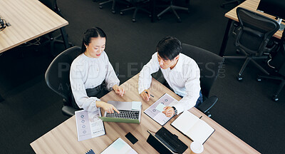 Buy stock photo Teamwork, meeting and laptop with business people in Japanese office for proposal, workshop and planning. Credit approval, asset management and client review with above of branch manager in bank