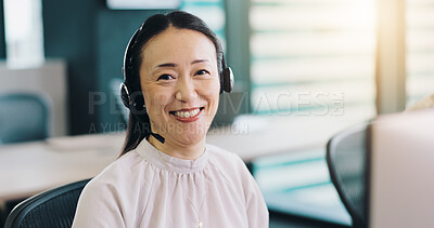 Buy stock photo Woman, call centre and portrait in Japan office, representative and customer service. Female person, telemarketing and global guide for technical support, consulting and proud agent for helping