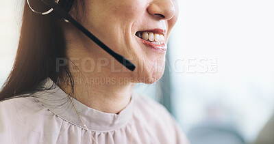 Buy stock photo Woman, call centre and mouth in office, representative and customer service in Japan. Female person, telemarketing and global guide for technical support, consulting and agent for helping in closeup