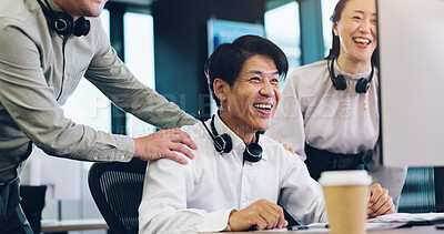 Buy stock photo Call center, business people and man with computer, achievement and smile in modern office. Group, employees or insurance agent with pc, kpi target and telemarketing with help desk, support and Japan