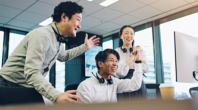 Buy stock photo People, call centre and computer celebration in office, sales target and excited for promotion or bonus. Team, telemarketing success and consultants cheering in Japan, support and online victory