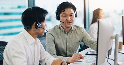 Buy stock photo Customer service, call center and Asian men on computer in office for contact, online help and consulting. Meeting, technology and Japanese people for communication, CRM support and telemarketing