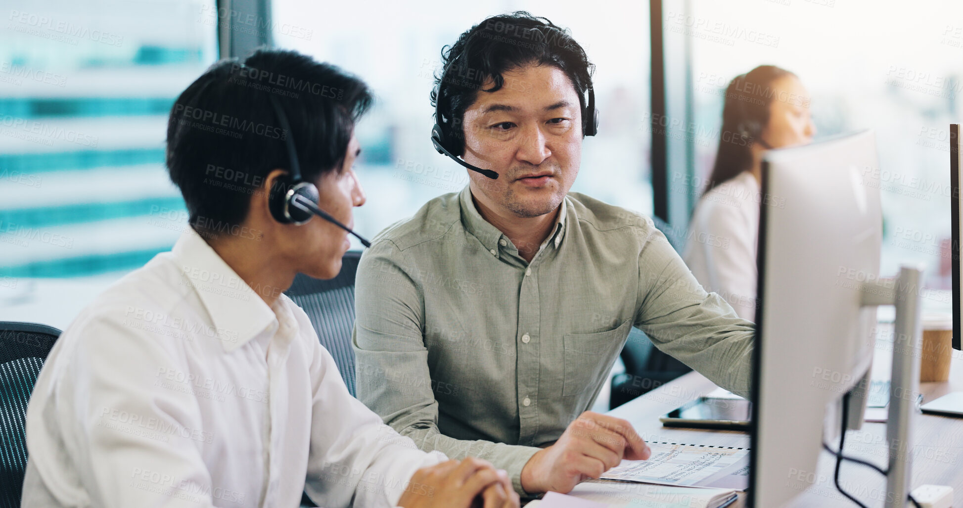 Buy stock photo Customer service, call center and Asian men on computer in office for contact, online help and consulting. Meeting, technology and Japanese people for communication, CRM support and telemarketing