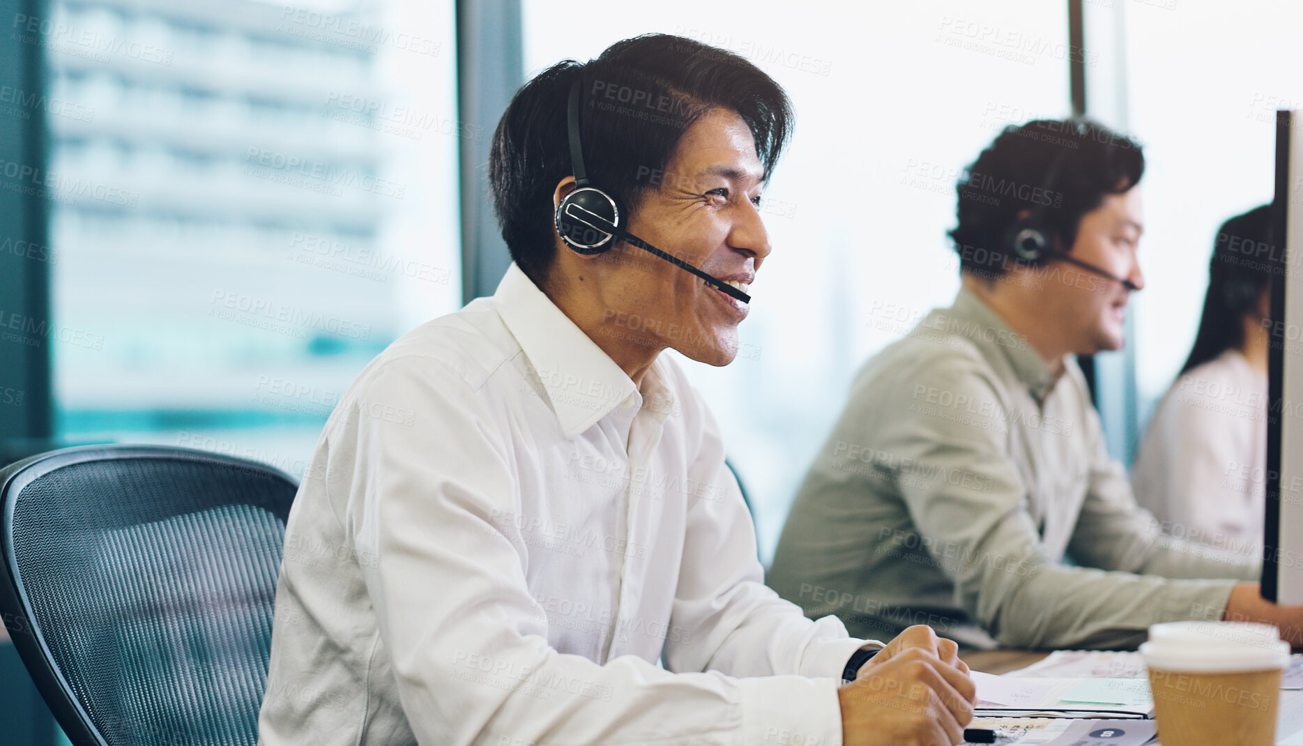 Buy stock photo Customer service, call center and Asian man on computer in office for contact, online help and consulting. Coworking, technology and Japanese people for communication, CRM support and telemarketing