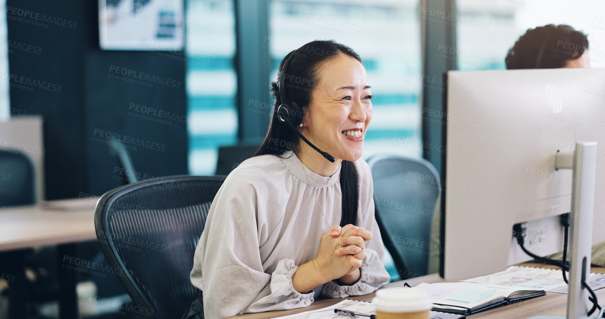 Buy stock photo Telemarketing, business and woman with computer, call center and connection in modern office. Japanese person, agent and insurance consultant with pc, help desk and customer service with tech support