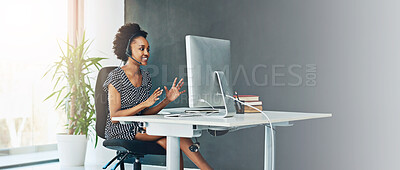 Buy stock photo Banner, call center and computer with business black woman in office for consulting, customer service and agent. Contact us, help desk advisor and telemarketing with person in communication agency