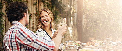 Buy stock photo Cheers, couple and celebration with champagne, romance and happy for anniversary, laughing and love. Outdoor, toast and commitment to marriage, people and bonding with alcohol, backyard and home