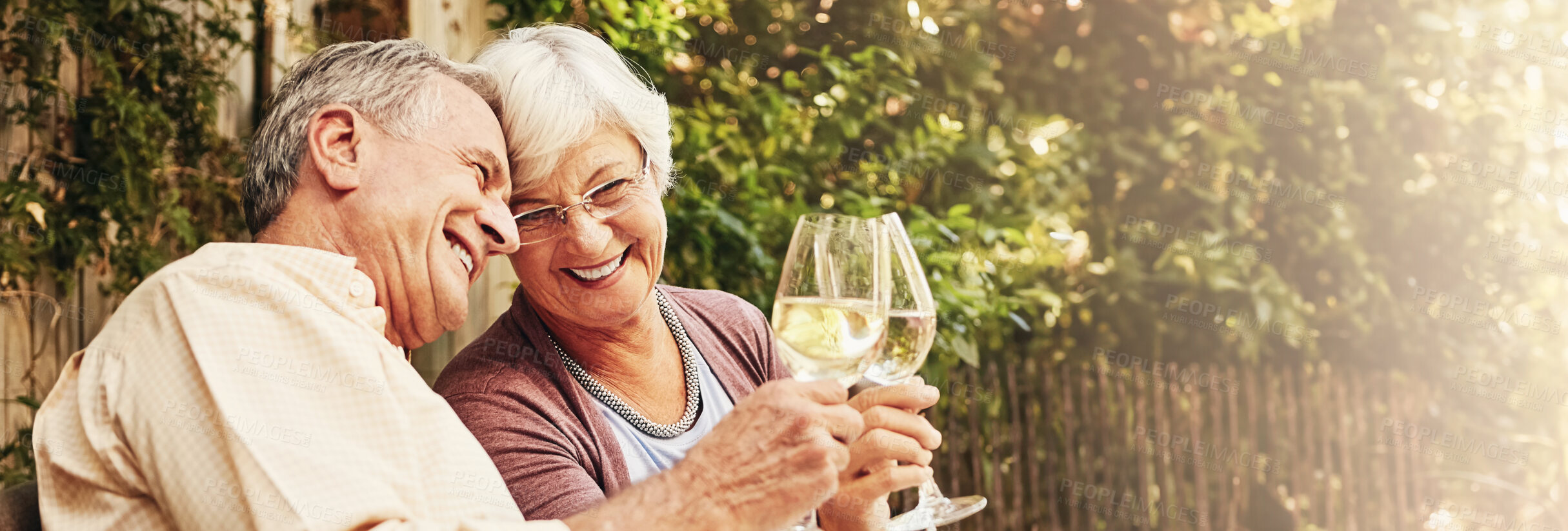 Buy stock photo Cheers, senior couple and celebration with alcohol, romance and champagne for anniversary and love. Outdoor, care and commitment to marriage, elderly people and bonding with wine, backyard and home