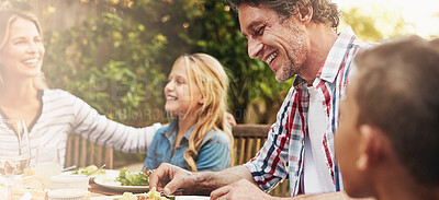 Buy stock photo Mother, father and kids at patio lunch with smile, bonding and family eating together in backyard. Mom, dad and children at table for outdoor garden picnic with food, laughing and love on banner.