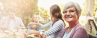 Buy stock photo Family, banner and portrait of old woman and lunch in nature for thanksgiving event, food and happiness. Love, support and celebration with group of people in garden of home for health and nutrition 