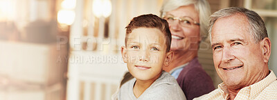 Buy stock photo House, grandparents and boy with smile, portrait and bonding together in living room. Family, apartment and old man with senior woman, grandchild and relax with love, banner and happiness in lounge