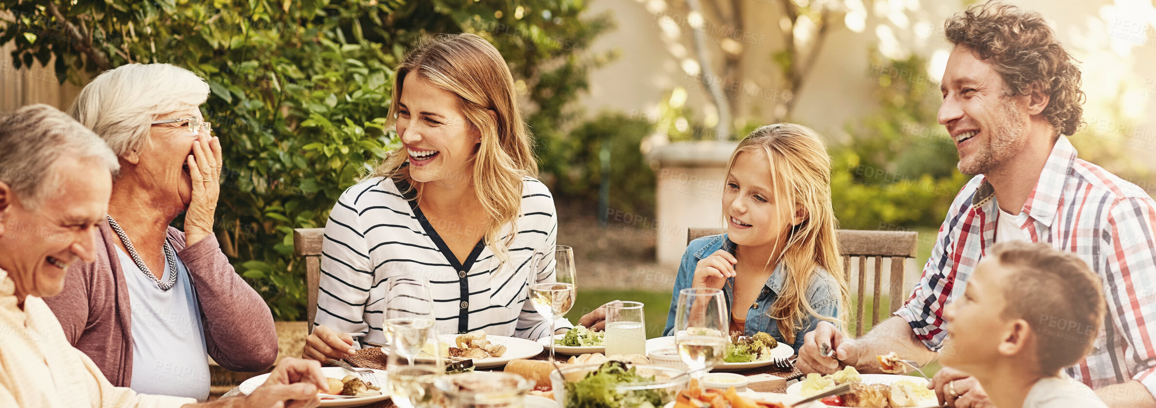 Buy stock photo Grandparents, parents and children at lunch in garden for festive gathering, dinner and party. Family home, banner and kids with grandpa, grandma and mom for Thanksgiving, celebration or holiday