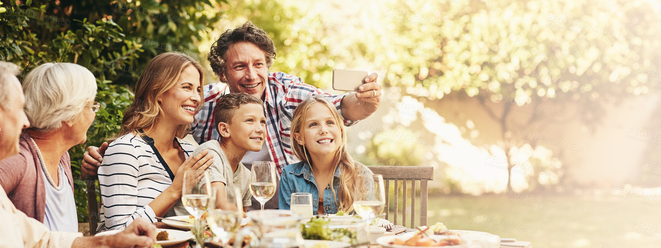 Buy stock photo Happy, family and selfie outdoor with thanksgiving, social media and profile picture in garden. Food, celebration and event with love, banner and bonding with reunion and smile with photo and space