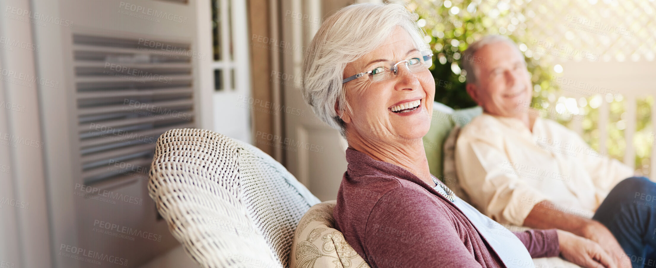 Buy stock photo Senior couple, portrait and smile in backyard banner for relax, health insurance and comfort in retirement home. Elderly people, happy and bonding on patio with peace, property investment or wellness