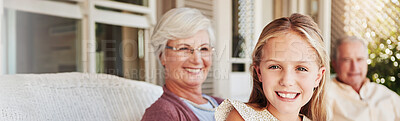 Buy stock photo Girl, grandparents and portrait by house for bonding, relax and love with banner, care and happiness. Young child, grandmother and grandpa as family for generations, babysitting or weekend in Poland