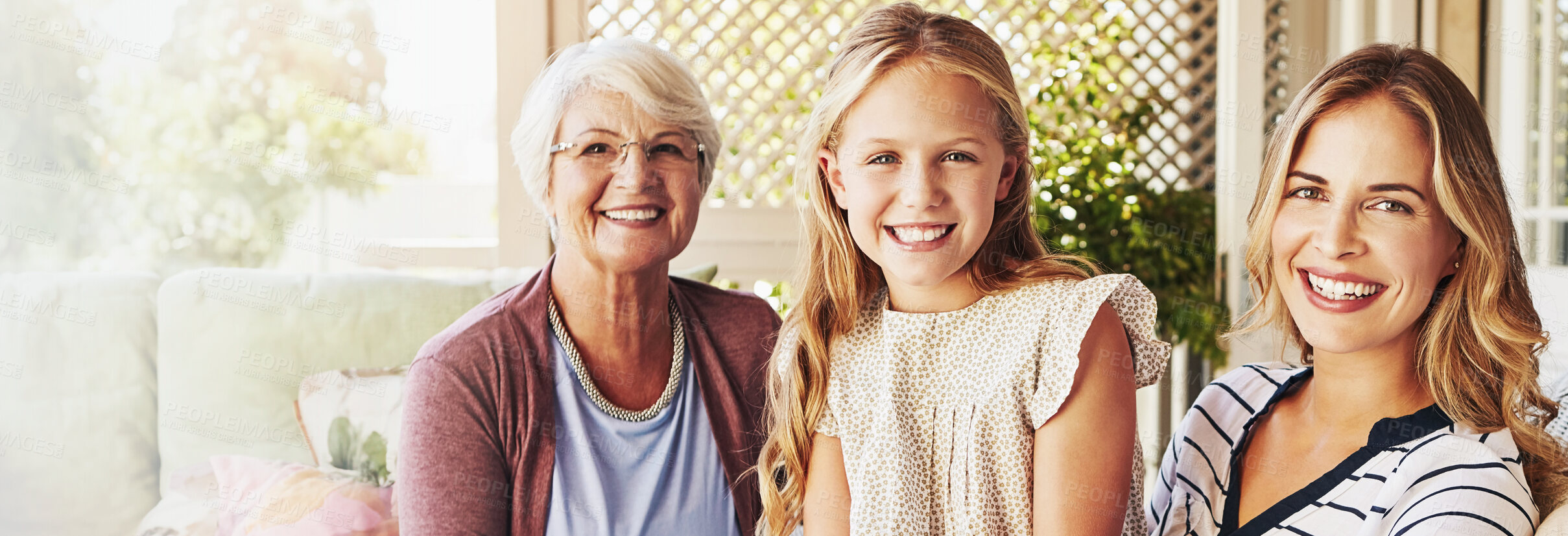 Buy stock photo Mother, child and grandmother with portrait outdoor by home for relax, bonding together and trust. Happy family, generations and people with smile for support, care and love relationship with banner