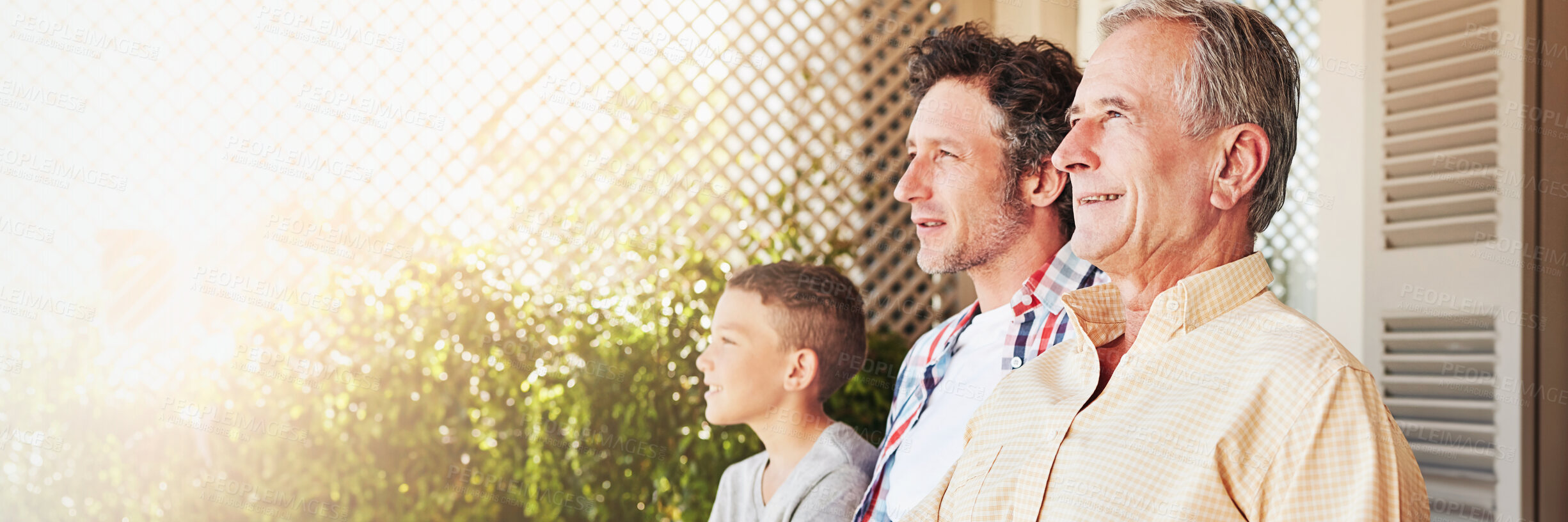 Buy stock photo Father, grandpa and boy with generations on garden patio for smile, memory or reflection in summer. People, men and child in sunshine for bonding, love or happy in backyard at family house in Germany