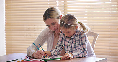 Buy stock photo Mom, girl and helping with color pencil, paper and smile for art, learning and creativity at apartment. People, mother and daughter for education, drawing and happy with development in family home