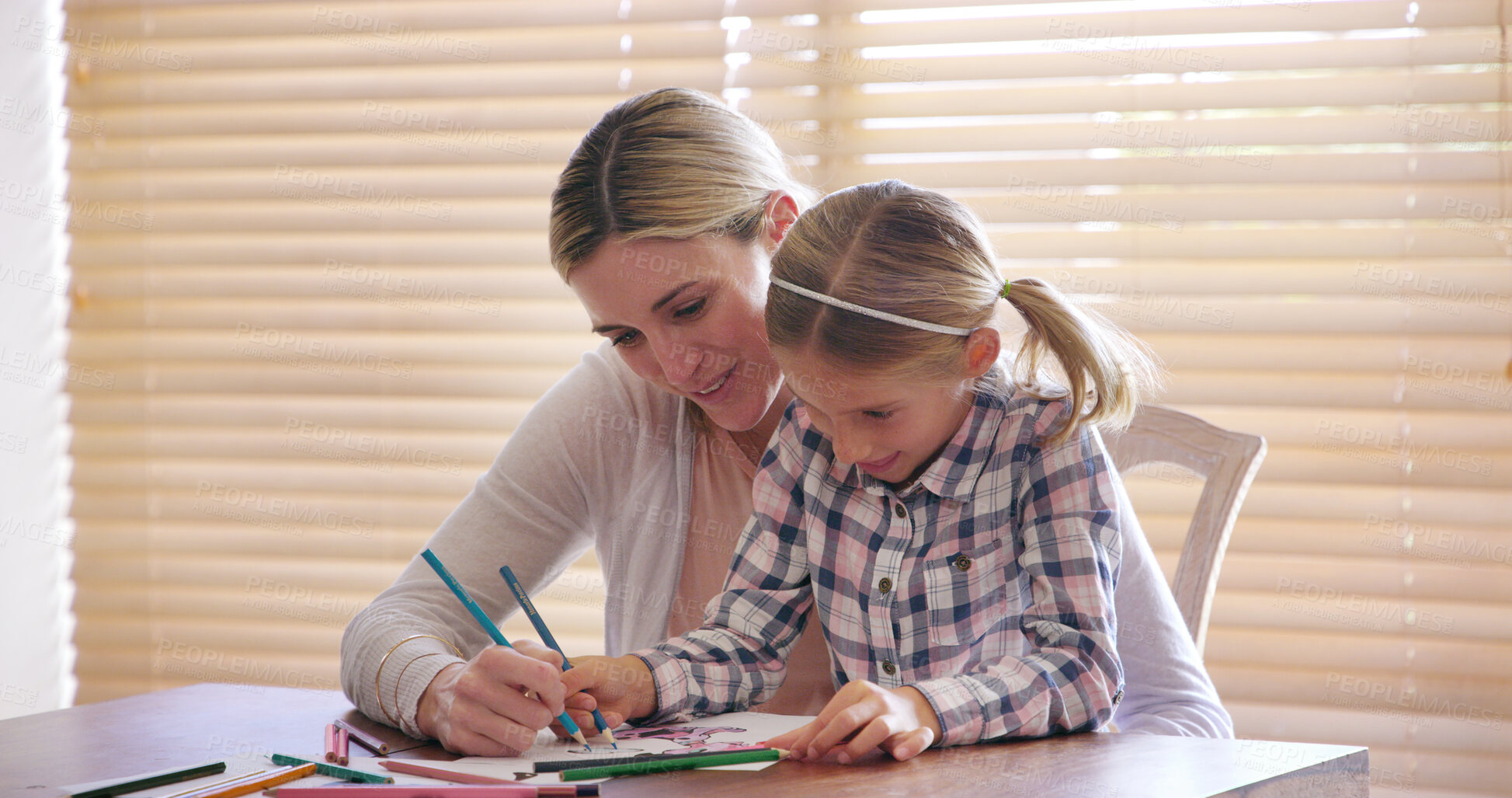 Buy stock photo Mom, girl and helping with color pencil, paper and smile for art, learning and creativity at apartment. People, mother and daughter for education, drawing and happy with development in family home